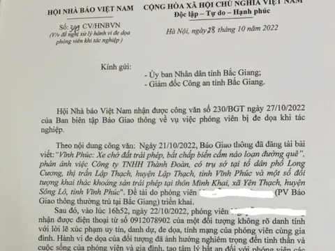 Hội Nhà báo Việt Nam đề nghị xử lý đối tượng dọa ‘giết cả nhà’ một phóng viên