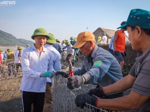 Gần 300 người Hà Tĩnh khiêng đá vá kè biển sạt lở