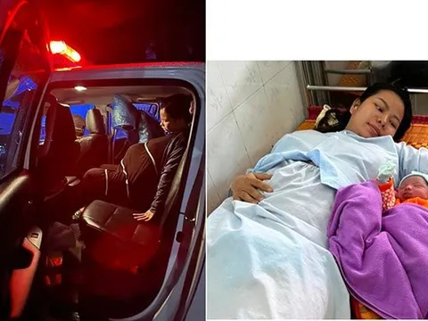 CSGT dùng xe chuyên dụng vượt lũ đưa sản phụ đi sinh con