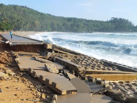 Quảng Ngãi: Triều cường gây sụt lún, đánh sập hàng chục mét kè biển