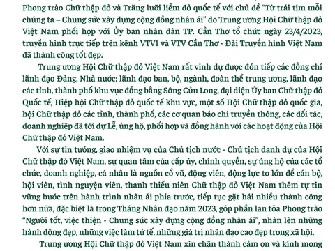 Thư cảm ơn Lễ phát động Tháng Nhân đạo năm 2023