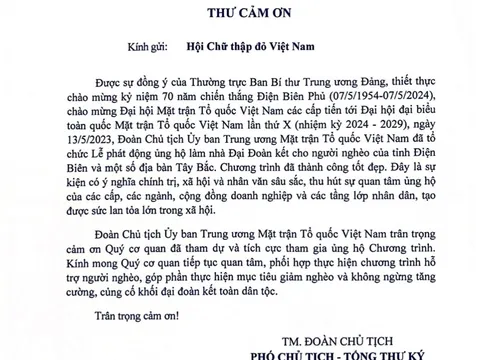 Đoàn Chủ tịch Ủy ban Trung ương Mặt trận Tổ quốc Việt Nam gửi thư cảm ơn Hội Chữ thập đỏ Việt Nam