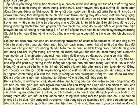 Thư chúc mừng ngày Báo chí Cách mạng Việt Nam của Chủ tịch Hội Nhà báo Việt Nam