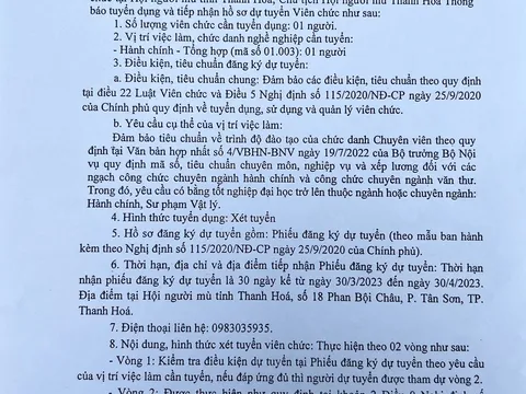 Hội người mù tỉnh Thanh Hóa thông báo tuyển dụng Viên chức